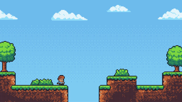 Kid in pixel art game world jumping over a gap. Retro arcade video game scene with classic 8-bit graphics for digital entertainment.