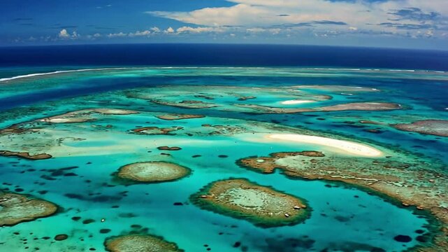 Aerial View of Stunning Coral Reefs and Turquoise Lagoon with Clear Blue Ocean Horizon