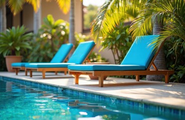 Fototapeta premium Poolside lounge chairs line the sunlit pool at a tropical resort under palm shade