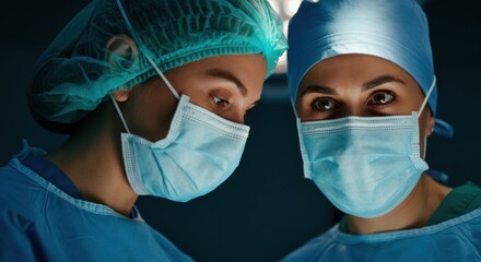 Two female surgeons wearing surgical masks and caps in an operating room