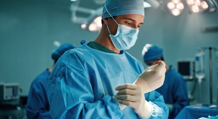 Surgeon preparing sterile gloves in operating room before surgical procedure