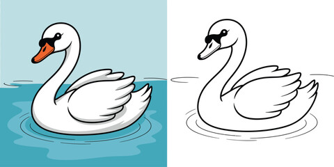 Cute swan floating on water illustration, adorable bird character in color and outline style, clean line art animal design for kids books, stickers and prints © Kayla Quentin