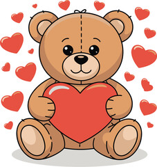 Cute Teddy Bear Valentine illustration, adorable plush bear holding red heart, love themed cartoon design for Valentine�s Day gifts, cards, stickers and romantic decorations
