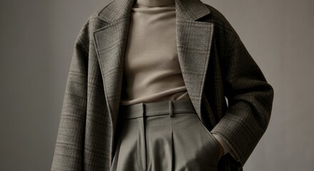 Woman wearing tailored coat and high turtleneck in neutral minimal styling