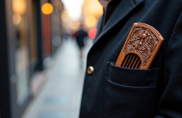 Wooden carved comb tucked in a coat pocket with blurred city street background