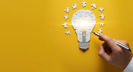 Light bulb puzzle on yellow background with hand placing final puzzle piece