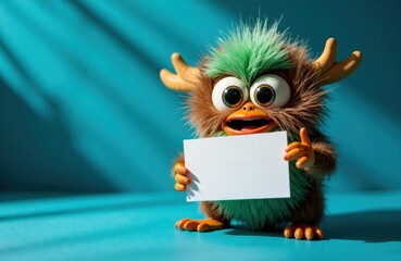 Fototapeta premium Playful monster character holds a blank sign against a bright turquoise backdrop
