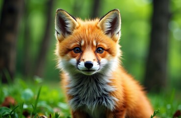 Fototapeta premium Fox cub in a sunlit forest clearing gazes toward the camera in natural light