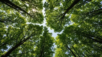 Looking up through the lush green forest canopy towards the bright sky