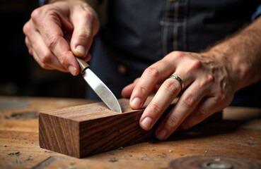 Man carving a wooden block with a small knife for precision woodworking