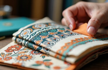 Fototapeta premium Hand touching folded patterned fabric with floral and geometric textile design