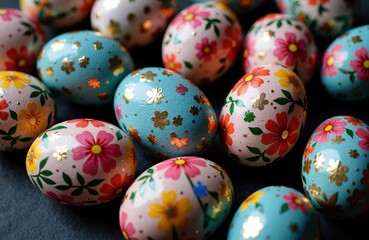 Fototapeta premium Decorated Easter eggs with floral patterns and gold accents on dark surface