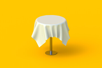 Table with cloth on orange background. Round one leg desk. Furniture for cafe. 3d render