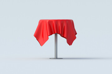Table with red cloth on light gray background. Round one leg desk. Furniture for cafe. 3d render
