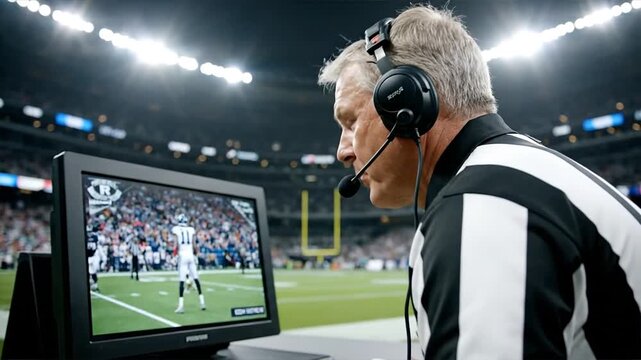 A referee faces uncertainty in decision making while watching a live football match on a monitor, making a crucial choice