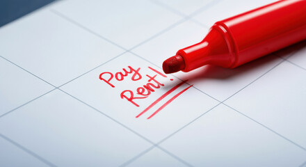 Red marker writing Pay Rent on calendar grid as a bold monthly reminder