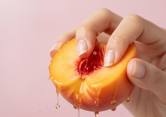 women's fingers dig into the flesh of a peach