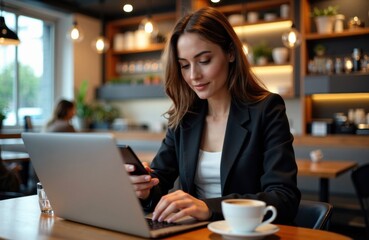 Woman working on laptop and checking smartphone in cozy modern cafe setting