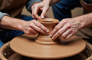 Hands shaping a clay pot on a spinning pottery wheel in a workshop setting