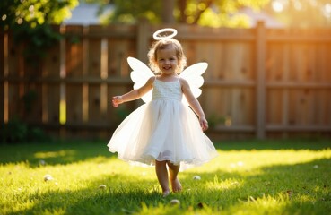 Little girl dressed as angel playing barefoot in sunlit backyard with halo