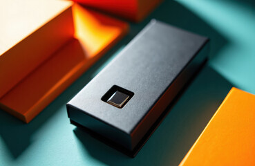 Black rectangular device with fingerprint sensor on teal and orange background