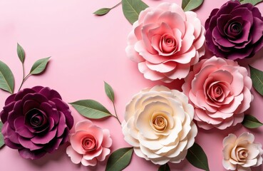 Roses and blossoms arranged on a soft pink background for romantic floral design