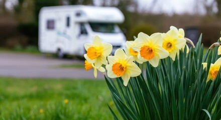 Yellow daffodils in bloom beside a parked camper van on a grassy roadside