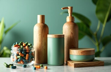 Wooden bathroom essentials arranged on a marble surface with green backdrop