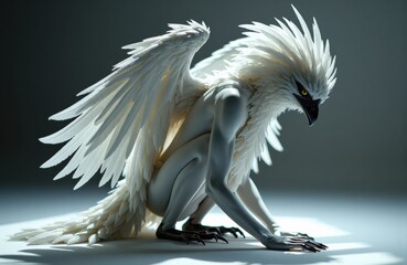 White harpy crouching with large wings and piercing yellow eyes in moody lighting