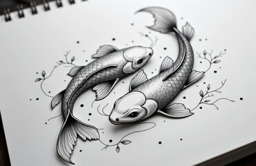 Koi fish sketch on notebook page showing flowing lines and fins and swirls