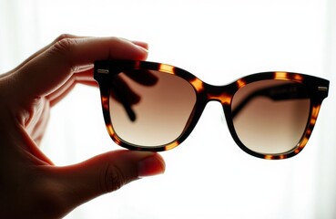 Hand holding tortoiseshell sunglasses against a bright backlit white background