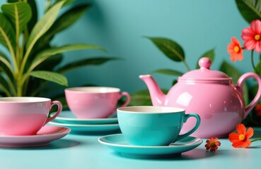 Colorful teaware and teapot arranged in a bright tea-time still life setup