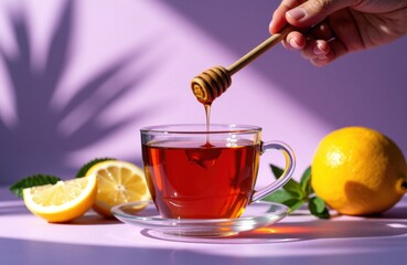 Glass cup of tea with honey drizzle and lemons on soft purple background