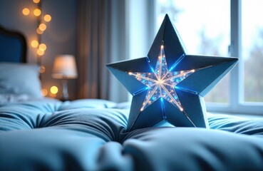 Blue star lantern rests on cozy bed with warm holiday glow and twinkling lights