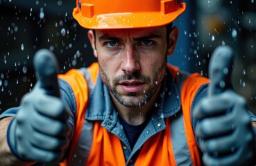 Construction worker in orange safety vest and hard hat giving two thumbs up in rain
