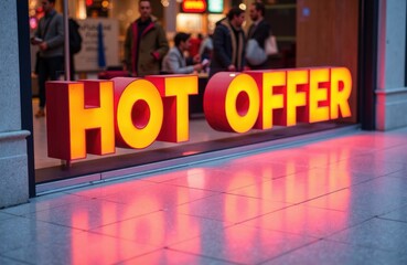 Hot offer sign glows in storefront as shoppers pass by creating a bold street promo