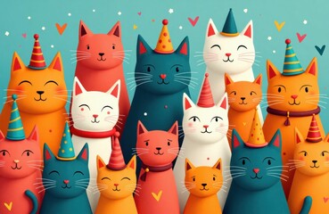 Cats wearing party hats gathered in a colorful celebratory lineup with cheerful faces