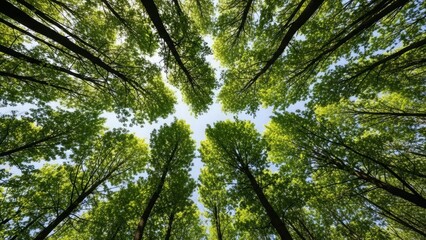 Obraz premium Looking up through a dense forest canopy with tall trees and vibrant green leaves