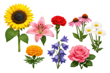 Collection of colorful blooming flowers suitable for springtime, nature, and horticulture concepts, designed with a transparent background