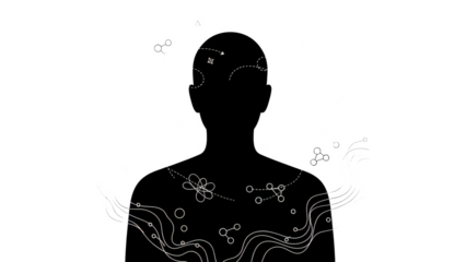 A minimalist illustration of a person's upper body with white line art and floral designs on transparent background
