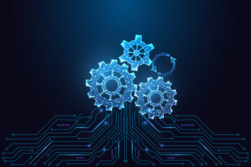 AI agility concept with glowing gear wheels and circuit board, automation and digital technology