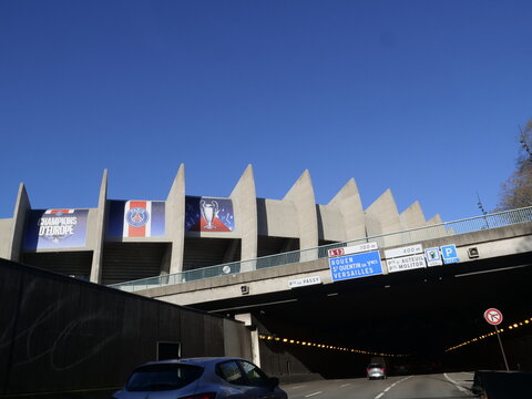 The "Parc des Princes" stadium on a sunny day with a blue sky. Paris, France - January 4, 2026. 