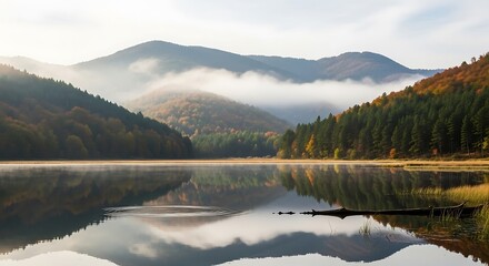 Tranquil lake scene with mountains and autumn foliage under a misty sky