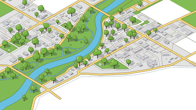 isometric city map illustration showing urban planning design with river parks and buildings for conceptual development projects