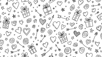 Hand drawn doodle pattern featuring hearts gifts and arrows.