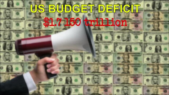 US Budger Deficit Megaphone Over Wall of Money Highlighting Trillions and Economic Pressure