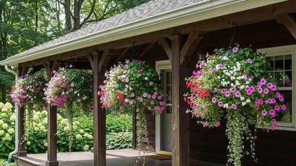 Colorful flower baskets hanging from porch in garden setting  