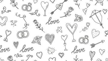 Hand Drawn Romantic Symbols and Love Elements Seamless Pattern.