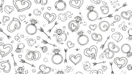 Hand drawn romantic love symbols pattern with hearts rings and arrows.