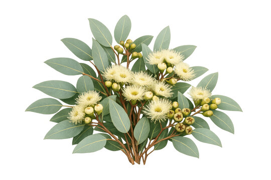 Blooming eucalyptus branch with white flowers, green leaves, and buds on a transparent background, natural beauty